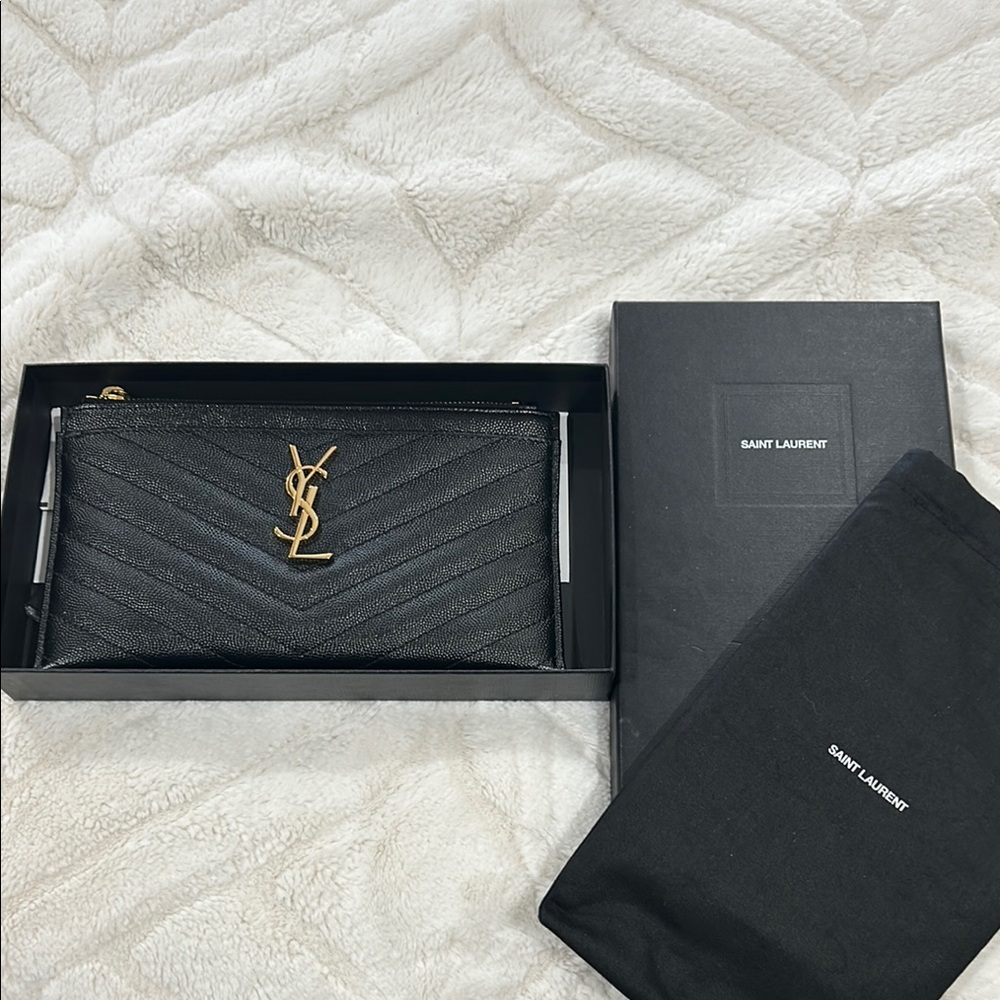 Saint Laurent Black Monogram Small Ziptop Bill Pouch in Grained Leather
